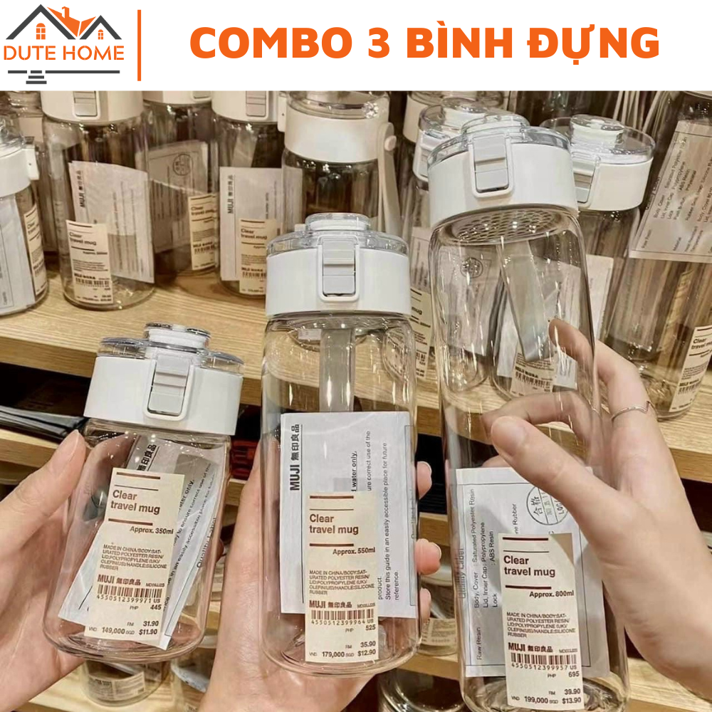 COMBO 3 Bình Đựng Nước 350ml / 550ml / 800ml Có Nắp Đậy Tiện Dụng, Đựng Gì Cũng Ngon