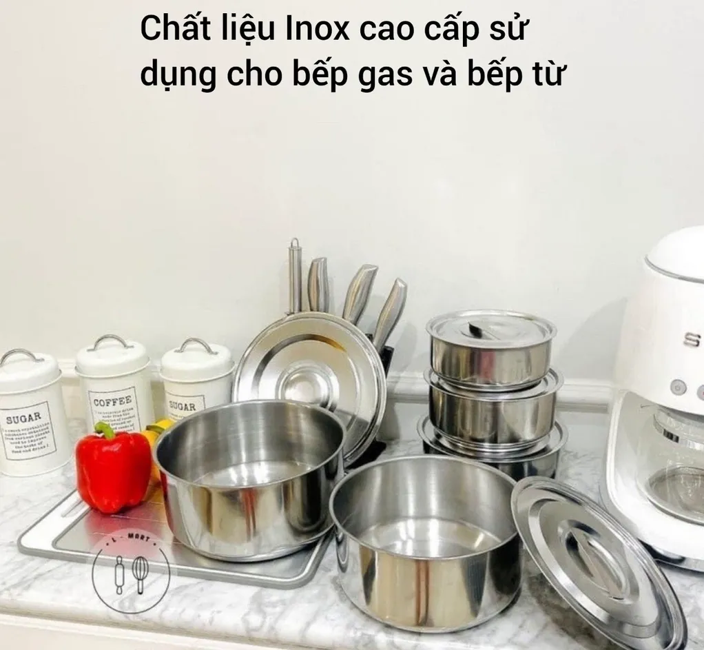 Nồi inox bộ 5 cái không tay cầm có nắp đậy My Home size tiện lợi size 16-18-20-22-24 cm [BH: NONE]