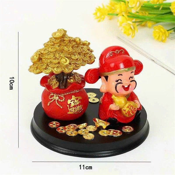 Tượng Thần tài cầm bình hồ lô vàng kèm Chậu tài lộc có cây kim tiền phong thủy size 10X11CM chiêu tài kích lộc / pktn sale