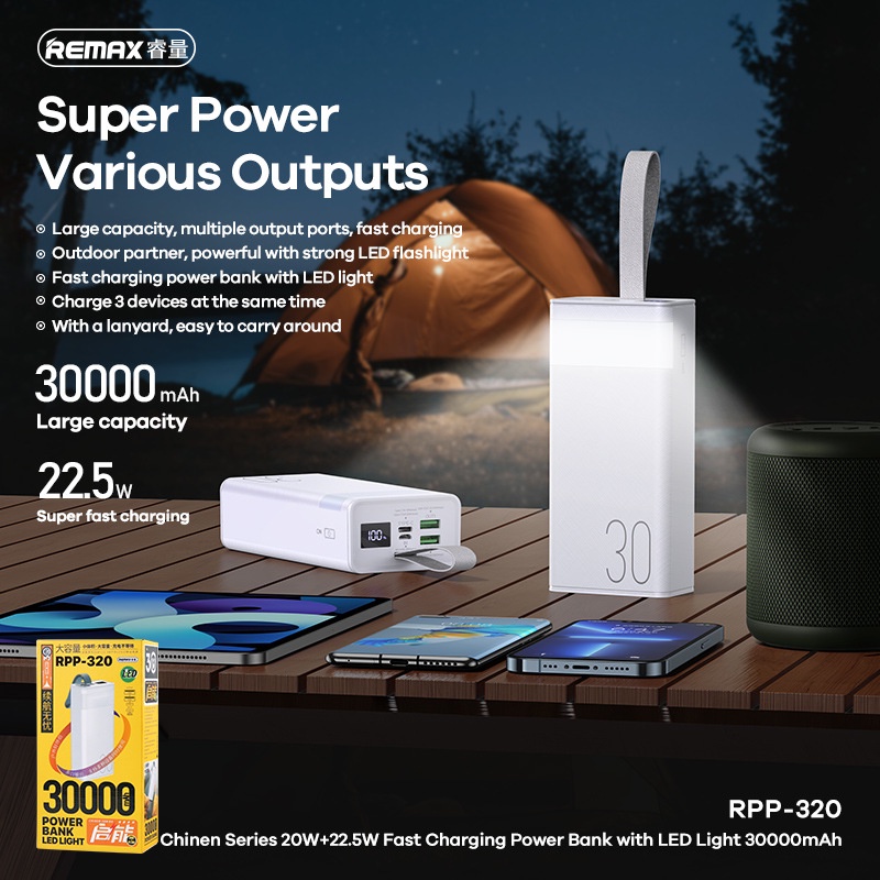 Pin sạc nhanh 22.5w REMAX RPP-320 30.000mAh dự phòng PD QC3.0 (có đèn pin) chính hãng [BH 1 năm]