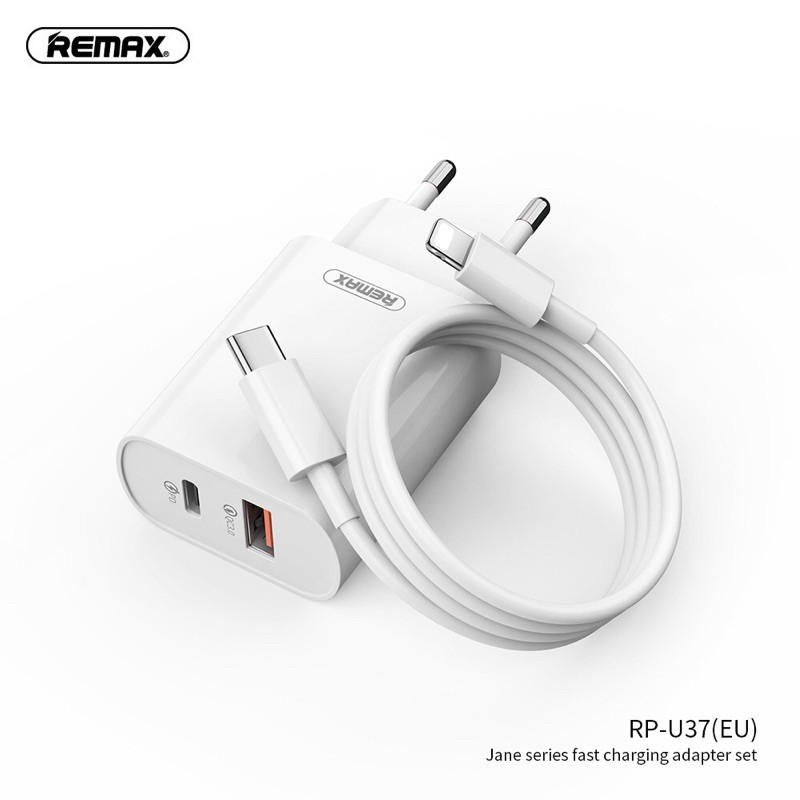 Bộ sạc nhanh 18W Remax RP-U37 kèm cáp Type C ra iPhone Lightning QC3.0+PD cho iPhone 11 12 13 chính hãng [BH 1 năm]