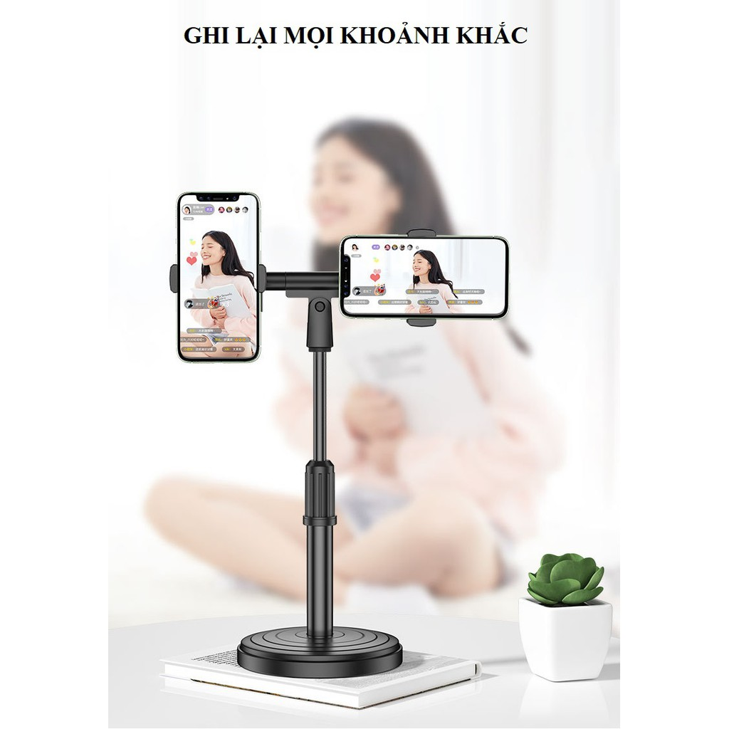 GIÁ ĐỠ KẸP 2 ĐIỆN THOẠI DC02 LIVESTREAM PROFESSSIONALMOBILE PHONE STAND ĐẾ TRÒN, ĐIỀU CHỈNH CAO THẤP [BH: NONE]