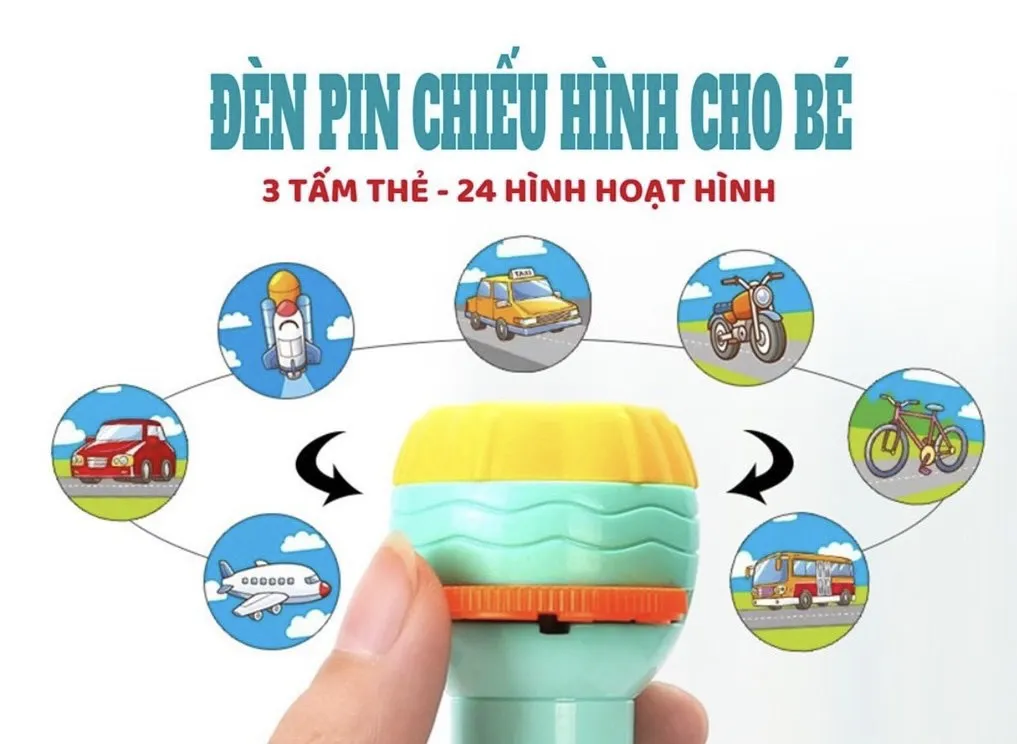 Đèn pin chiếu hình 3D full box kèm 10 thẻ 80 hình phát triển trí não cho bé