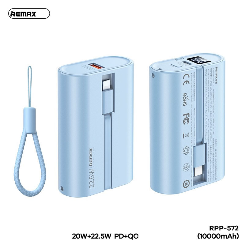 Pin sạc nhanh 22.5w REMAX RPP-572 10.000mAh dự phòng PD QC3.0 kèm cáp liền pin chính hãng [BH 1 năm]