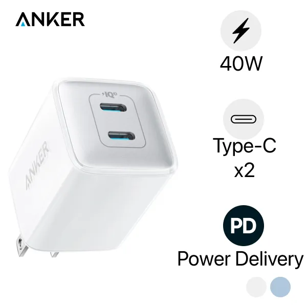 Cóc sạc nhanh 40w Anker A2038 (2 cổng type-c) chính hãng (đen, trắng, tím) [BH 1 năm]