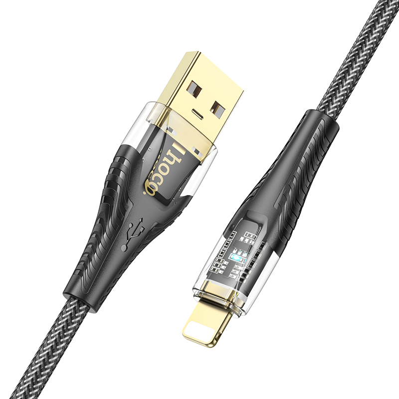 Cáp sạc nhanh HOCO U121 usb ra iPhone Lightning có đèn báo sạc, kiểu trong suốt lộ mạch chính hãng [Bh 1 năm]