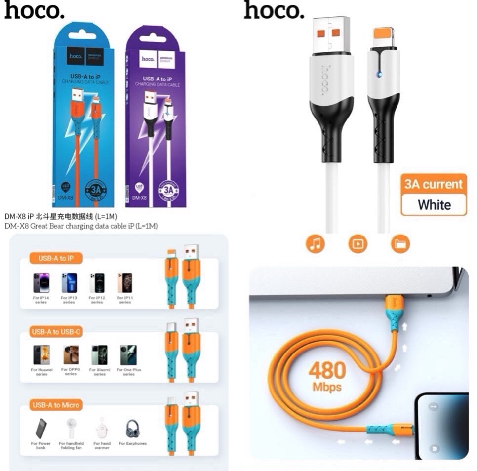 Cáp sạc nhanh 3A Hoco DM-X8 iphone (Usb ra iphone Lightning) dây silicon chính hãng [BH: 1 NĂM]