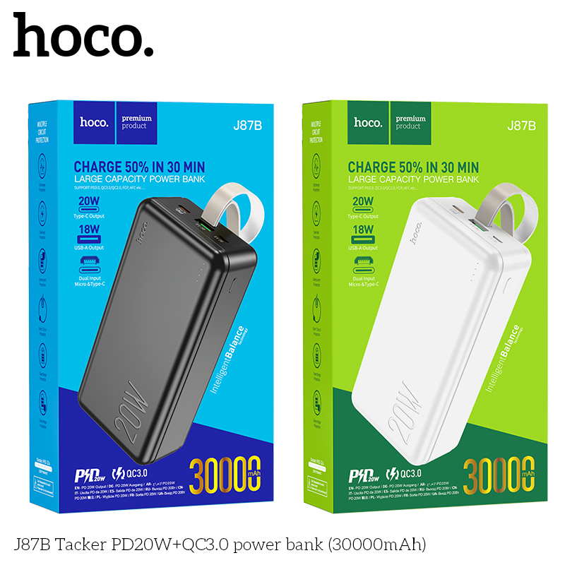 Pin sạc nhanh 22.5w Hoco J87B 30.000mAh dự phòng PD20w QC3.0 chính hãng [BH 1 NĂM]