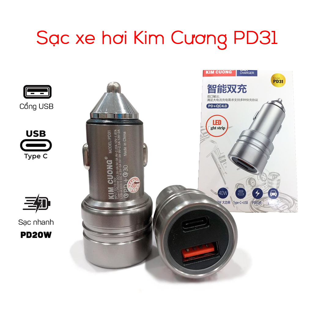 Cóc sạc nhanh xe hơi 40w ô tô Kim Cương PD31 (1 cổng USB vs 1 cổng Type C) chính hãng [BH 6 Tháng]