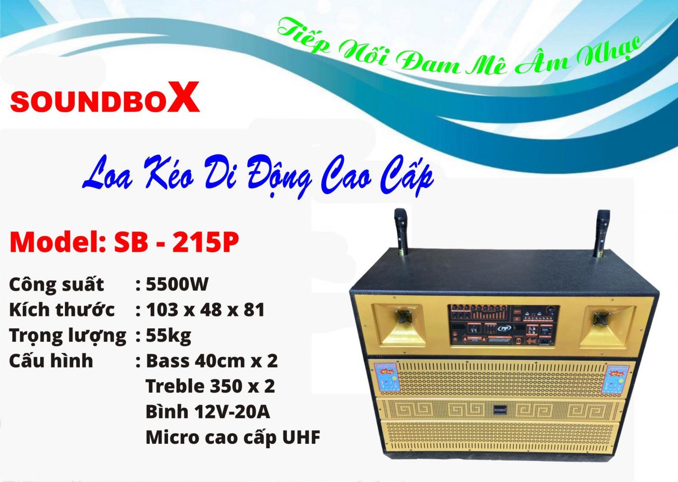 Loa kéo SoundBox SB-215 khoá 4 tấc đôi, 2 bass , 2 treble, 2 mic karaoke [BH 1 năm]