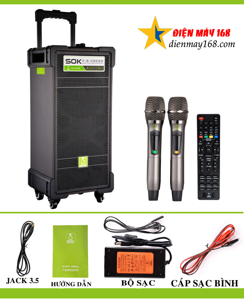 Loa kéo karaoke SOK NE-706 2 loa bass 2,5 tấc (25 cm) 2 micro ko dây (đặt trước 1h)