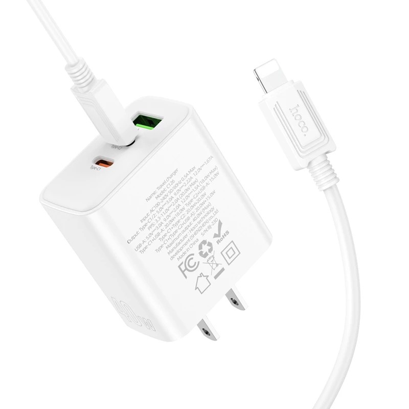 Bộ Sạc nhanh 40w HOCO C126 (C-L) (cóc 3 cổng 2C1U - 2 cổng type-c PD vs 1 cổng usb QC3.0) kèm cáp cho Type C ra iPhone Lightning chính hãng [BH: 1 NĂM]