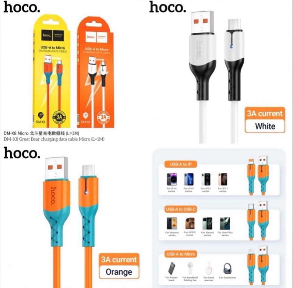 Cáp sạc nhanh 3A Hoco DM-X8 Micro (Usb A ra Micro samsung) dây silicon chính hãng [BH: 1 NĂM]