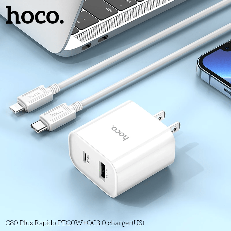 Bộ sạc nhanh 20w Hoco C80 Plus kèm cáp type c ra iphone lightning + cóc 1 cổng usb QC3.0 vs 1 cổng Type c PD cho iPhone 11 12 13 Pro Max chính hãng [BH 1 năm]