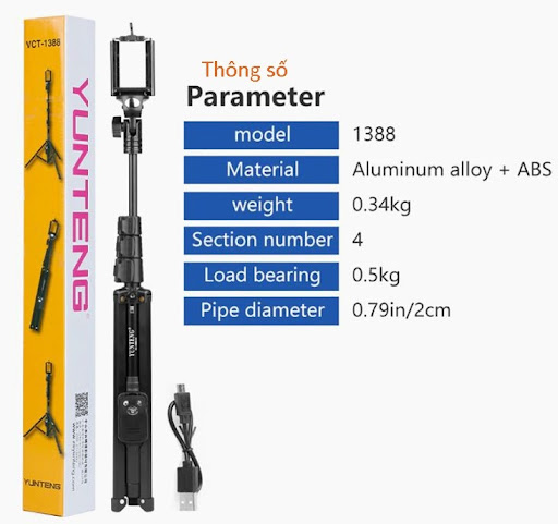 Giá đỡ điện thoại 3 chân Yunteng 1388 kiêm Gậy chụp hình tự sướng