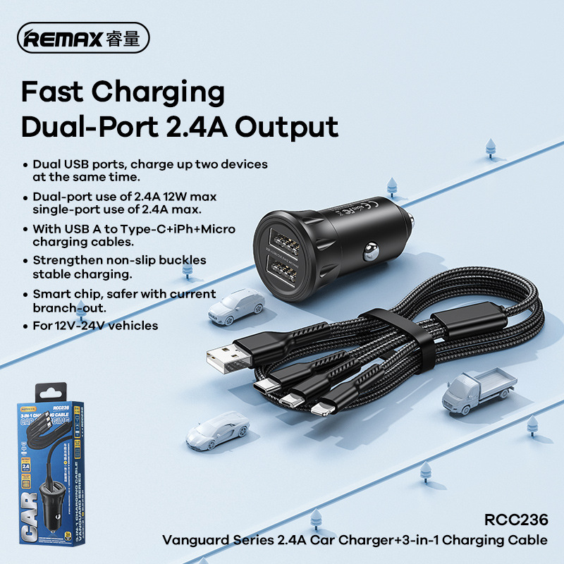 Cóc sạc nhanh xe hơi 2.4A 12w kèm cáp REMAX RCC-236 2 cổng usb kèm cáp 3 đầu đa năng chính hãng [BH 1 năm]