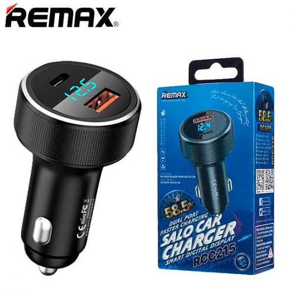 Cóc sạc xe hơi 58.5W 2 cổng Remax RCCC215 sạc nhanh Có màn hình Led (1 cổng USB QC+ 1 Cổng Type C PD 58.5W) chính hãng [BH: 1 NĂM]