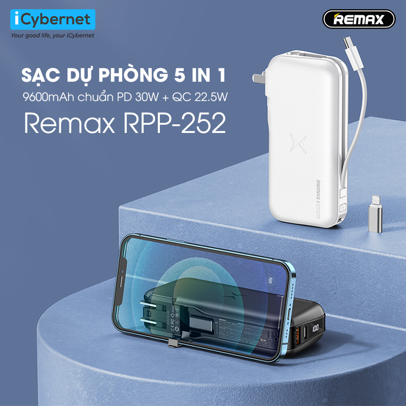 Pin sạc nhanh 30w REMAX-252 9.600mAh 5in1 PD QC3.0 sạc dự phòng chính hãng [BH 1 năm]