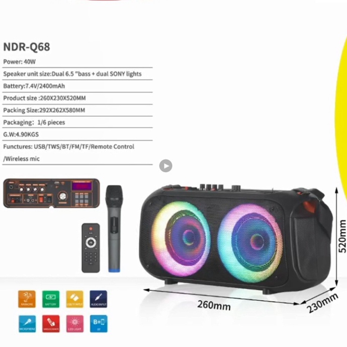 Loa bluetooth karaoke NDR Q68 có led 2 bass 2 tấc kèm 1 micro (6.5 inch x 2) không dây [BH 1 năm]