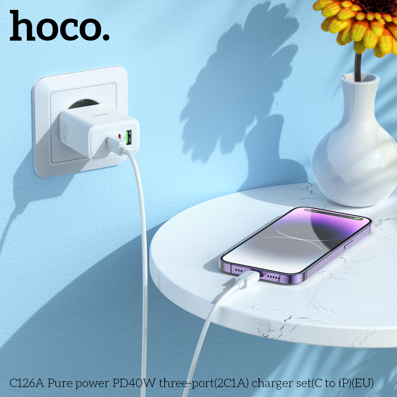 Cóc sạc nhanh 40w HOCO C126A (cóc 1 cổng usb QC3.0 vs 2 cổng type-c PD) 3 cổng 2C1A đa năng chính hãng BH: 1 NĂM]