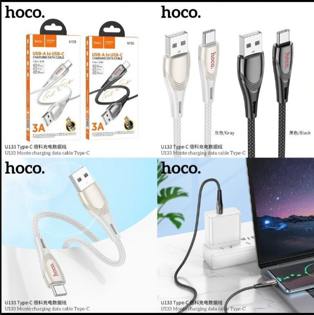 Cáp sạc nhanh 3A dây dù Hoco U133 usb ra Type C chính hãng [BH 1 Năm]