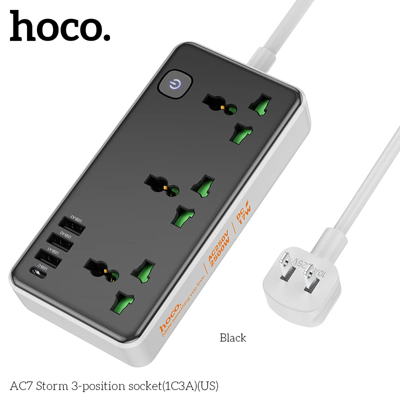 Ổ cắm điện thông minh Hoco AC7 1 USB TypeC, 3 USB-A max 3.4A 17W, 3 Socket, công suất 2500W chính hãng [BH 1 năm]