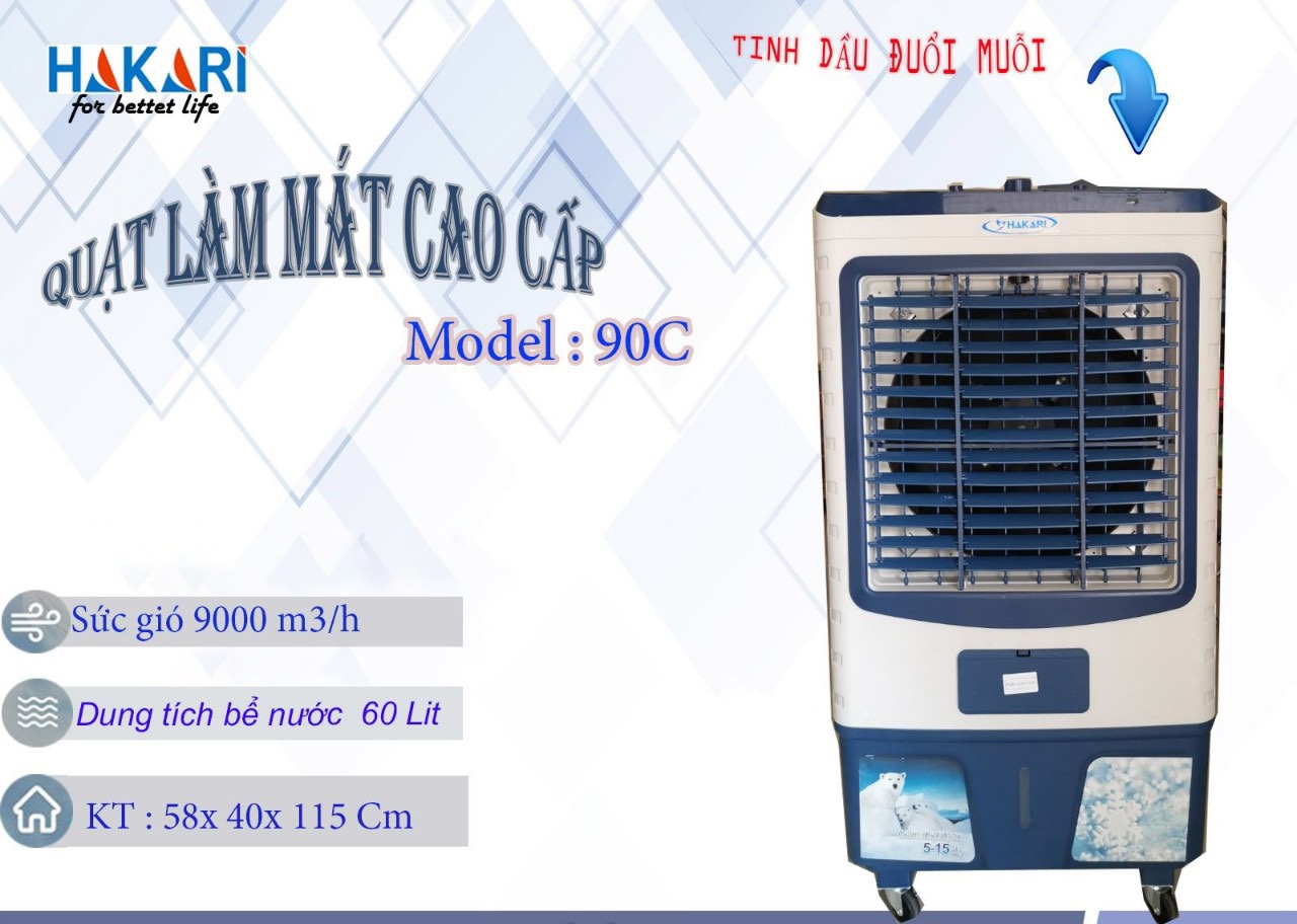 Quạt điều hòa cao cấp mẫu 90C sức gió 9000m3/h, dung tích bể nước 60L (BH 1 năm)