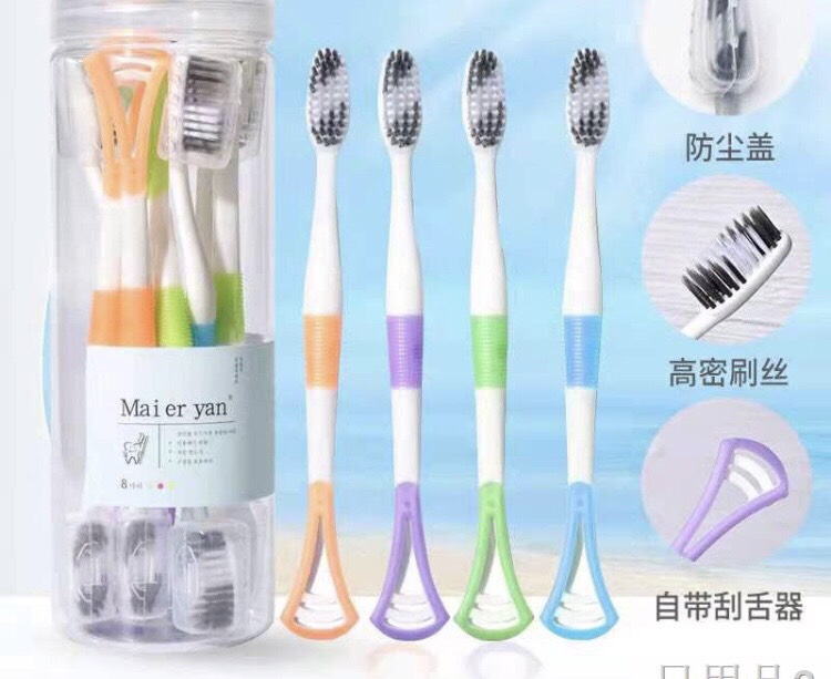 Hộp 8 cây bàn chải đa năng 2 in 1 vừa đánh răng vừa cạo lưỡi