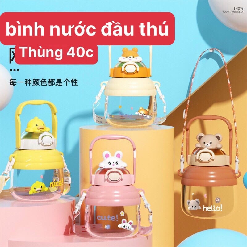 Bình đựng nước giữ nhiệt kute đầu hình thú 1400ml kèm ống hút vs sticker cho bé