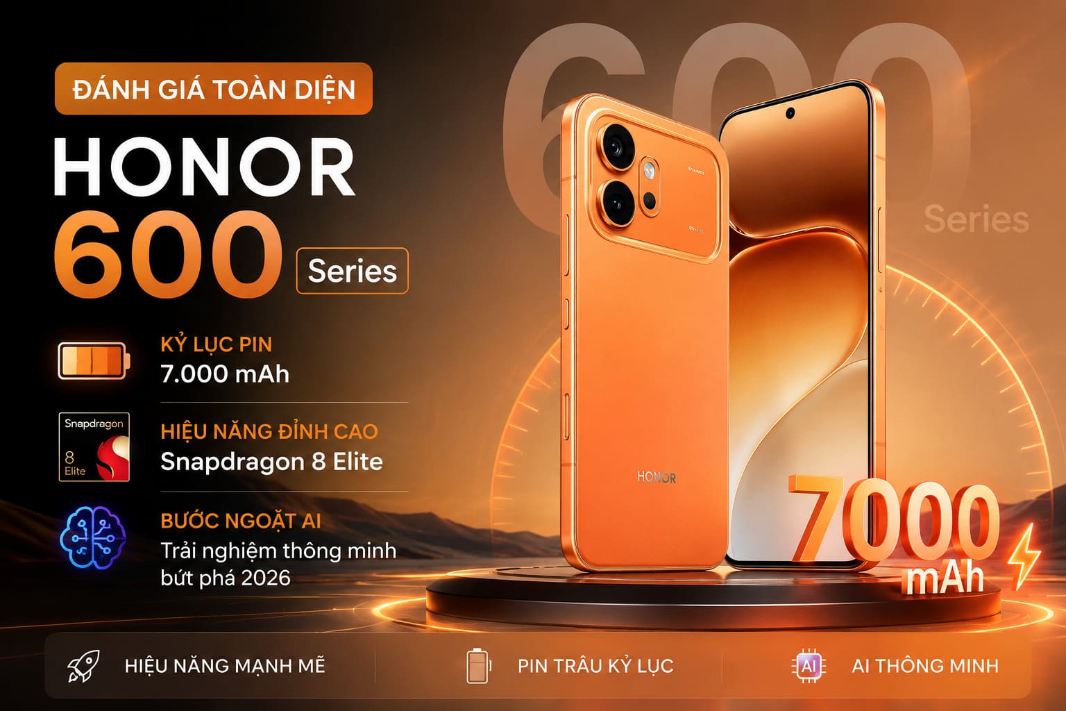 Đánh Giá Toàn Diện Honor 600 Series: Kỷ Lục Pin 7.000 mAh, Chip Snapdragon 8 Elite Và Bước Ngoặt AI 2026