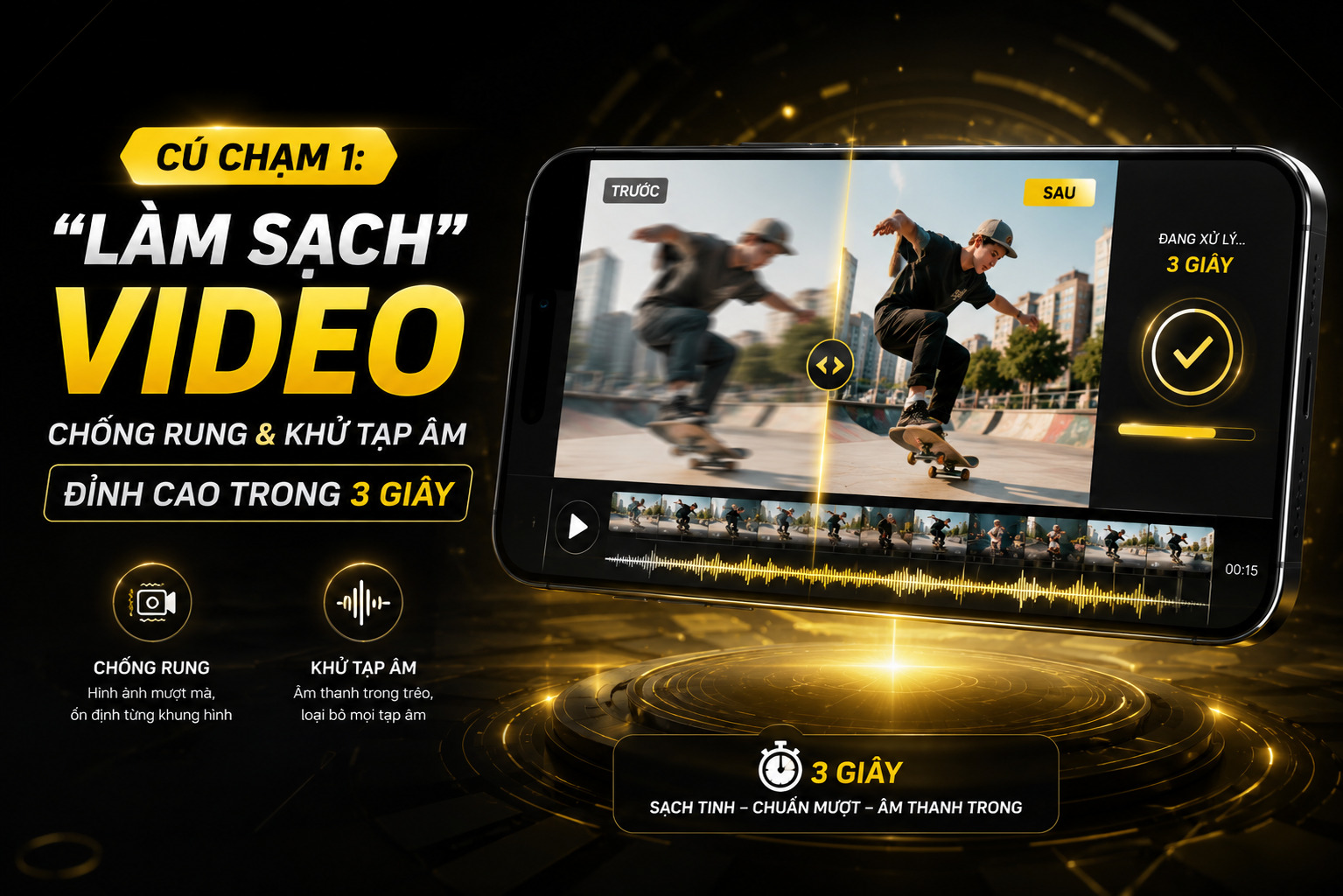 Cú chạm 1: "Làm sạch" Video – Chống rung và Khử tạp âm đỉnh cao trong 3 giây