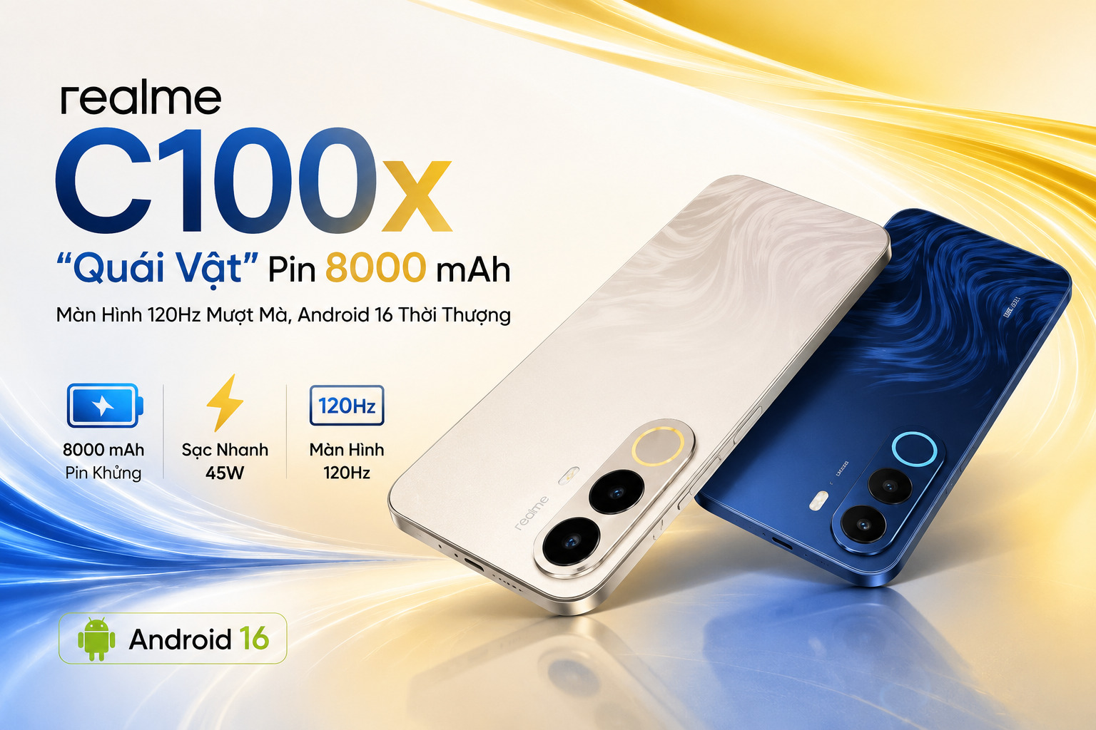 Realme C100x: "Quái Vật" Pin 8000 mAh, Màn Hình 120Hz Mượt Mà, Android 16 Thời Thượng