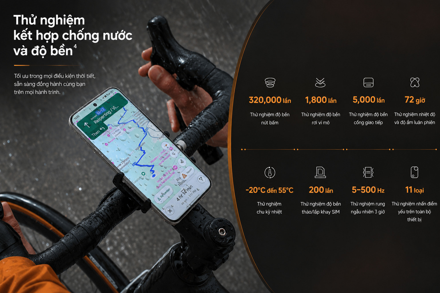 Độ bền: Chống rơi 2,5m chuẩn SGS, kháng nước IP69K