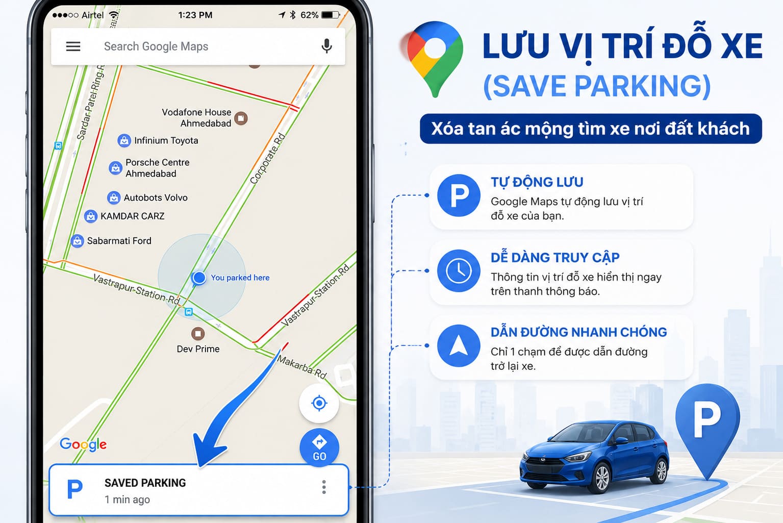 Lưu vị trí đỗ xe (Save Parking) – Xóa tan ác mộng tìm xe nơi đất khách