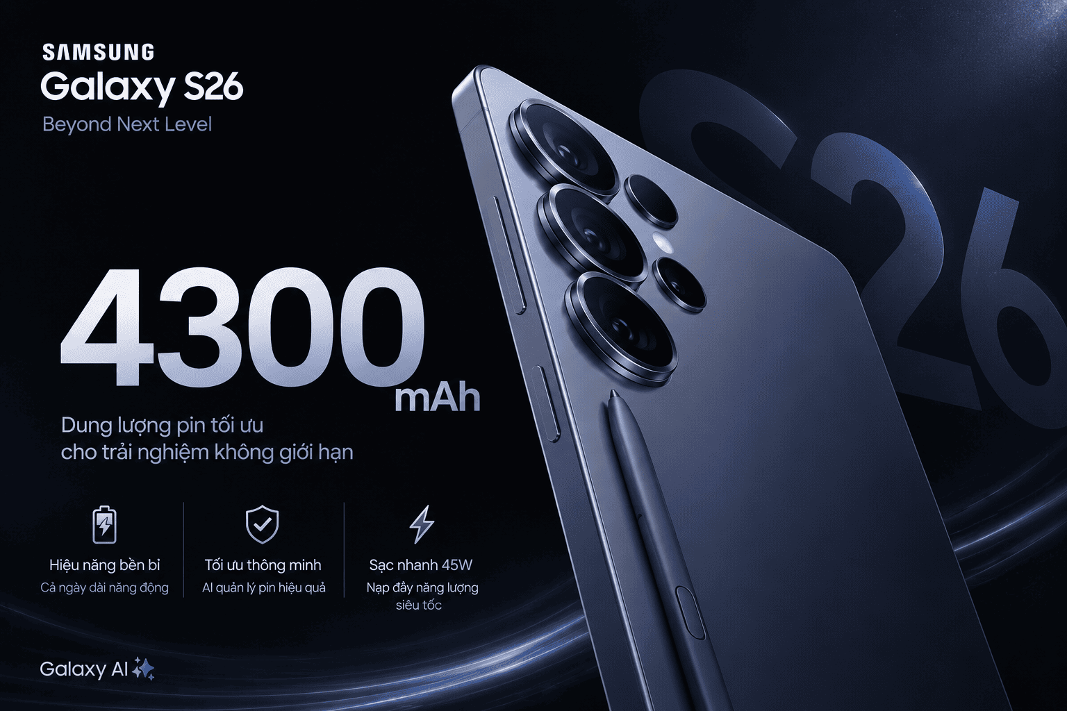 Galaxy S26 (bản tiêu chuẩn) — Pin 4.300mAh, sạc 25W