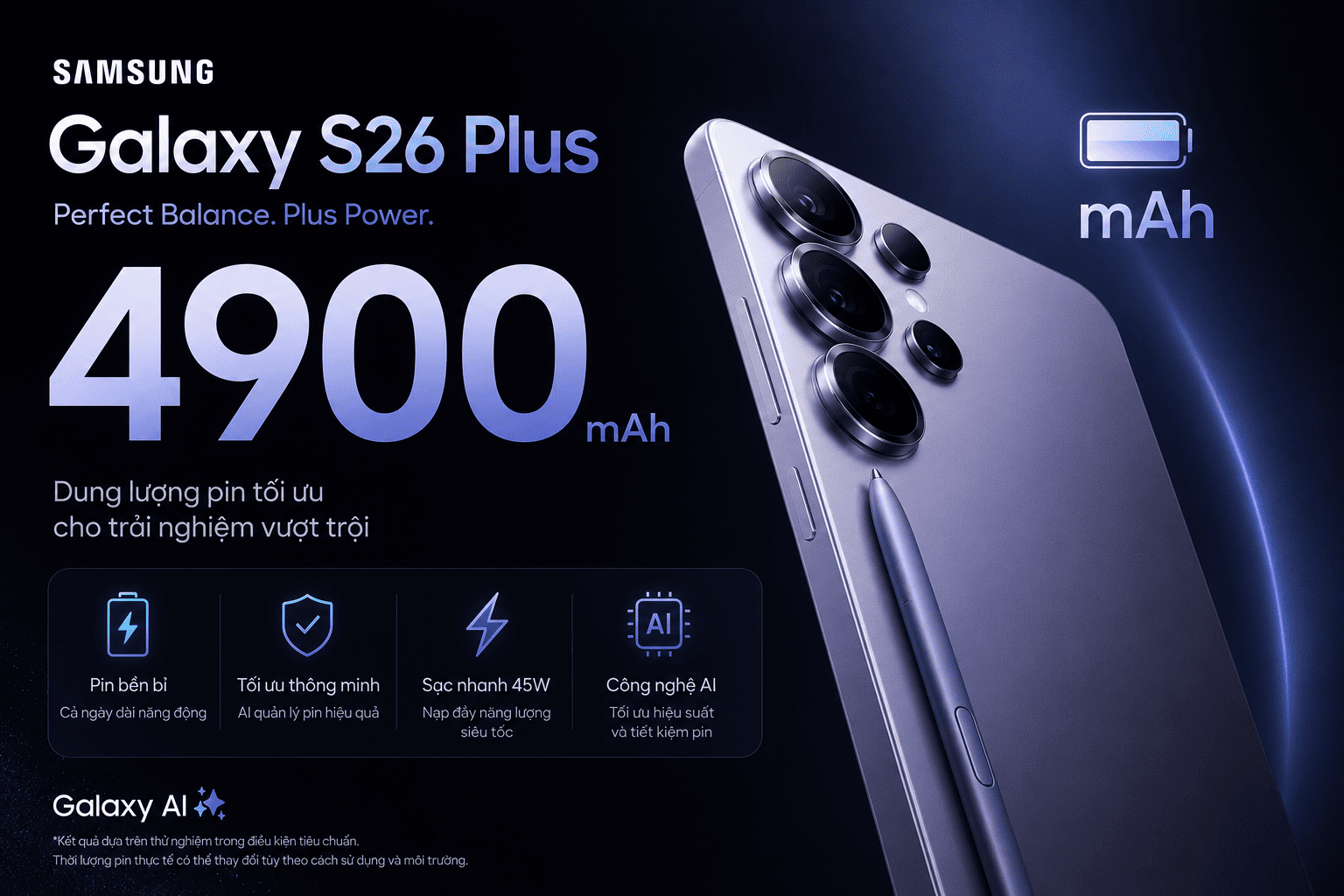 Galaxy S26+ — Pin 4.900mAh, sạc 45W