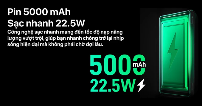 Pin 5000mAh, hỗ trợ sạc nhanh 22.5W