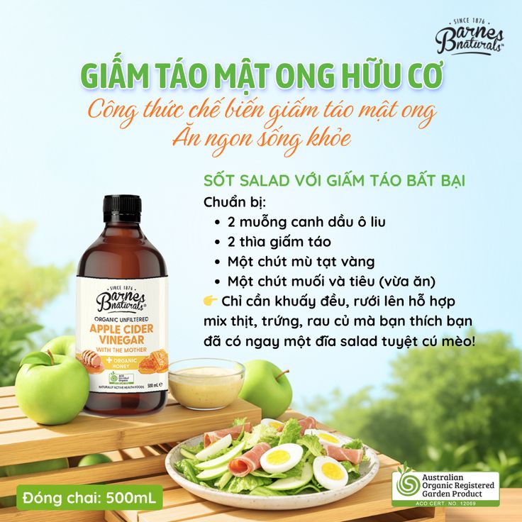 Barnes Naturals - Giấm Táo Mật Ong Hữu Cơ (có giấm cái) 500ml