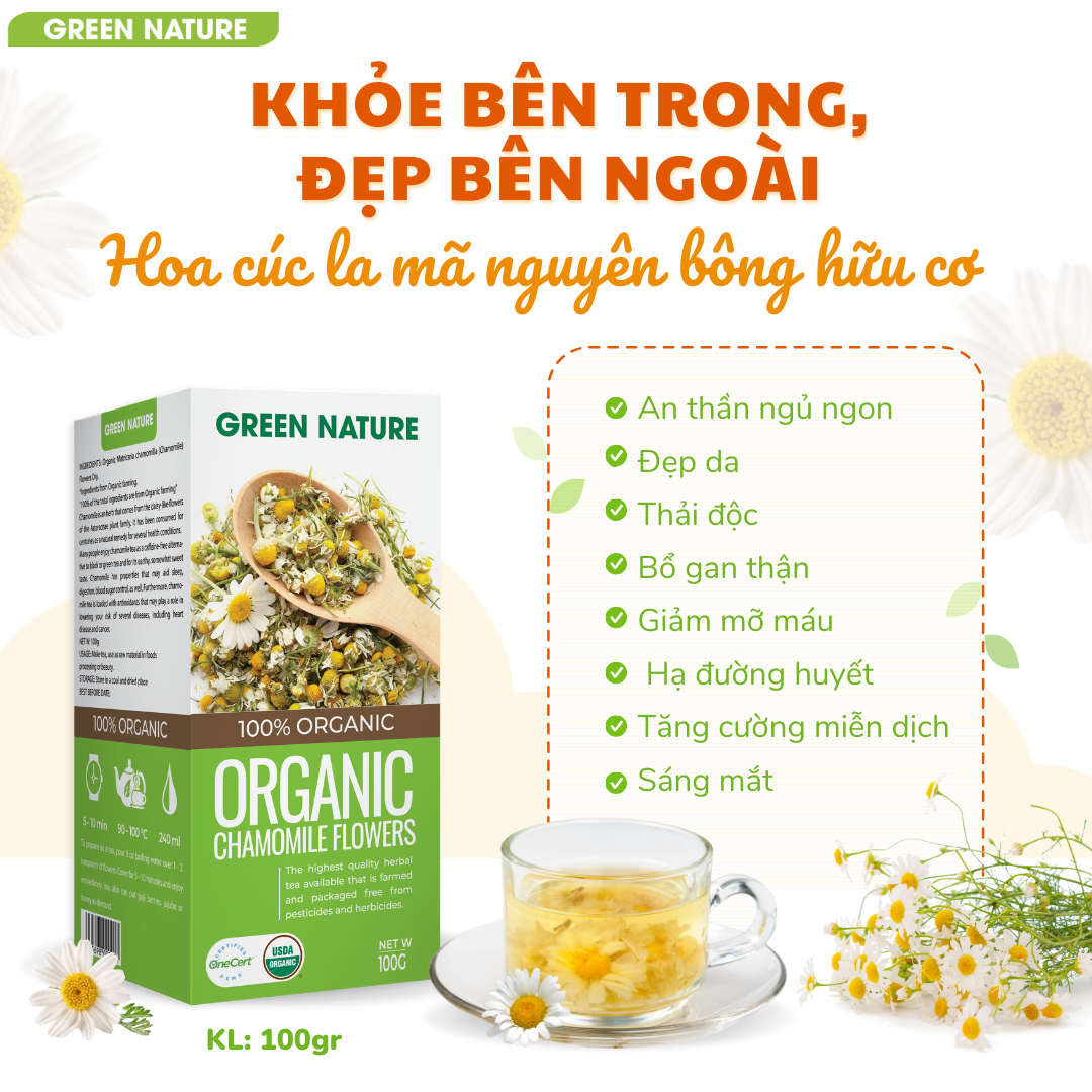 Green Nature - Hoa Cúc La Mã Chamomile Nguyên Bông Hữu Cơ 100g