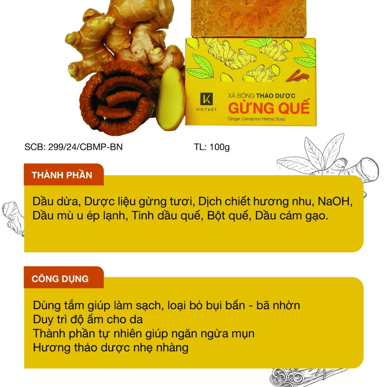 VIETKET - Xà Bông Tắm Thảo Dược Gừng Quế VIETKET 100g