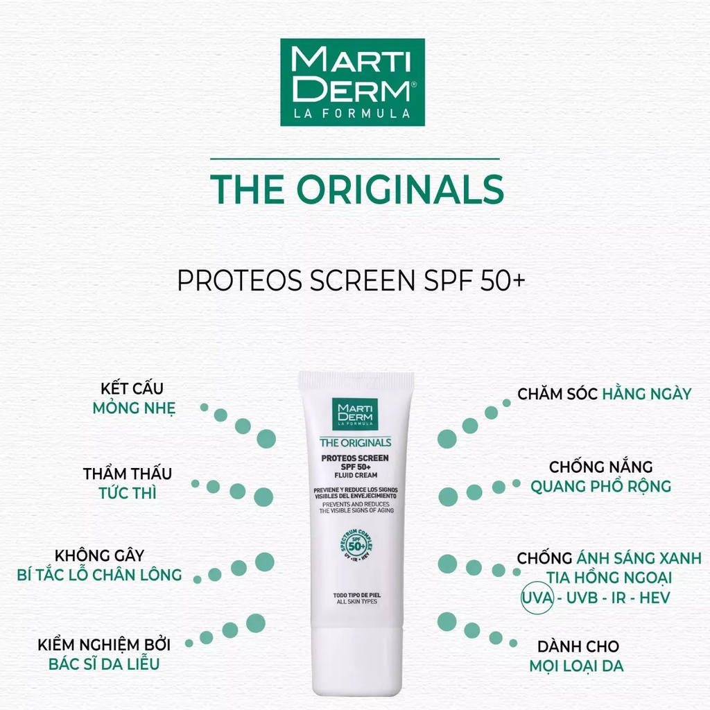 Kem Chống Nắng Phổ Rộng Ngừa Lão Hóa MartiDerm The Originals Proteos Screen  SPF50+ Fluid | Lala Cosmetics - Thiên đường mỹ phẩm