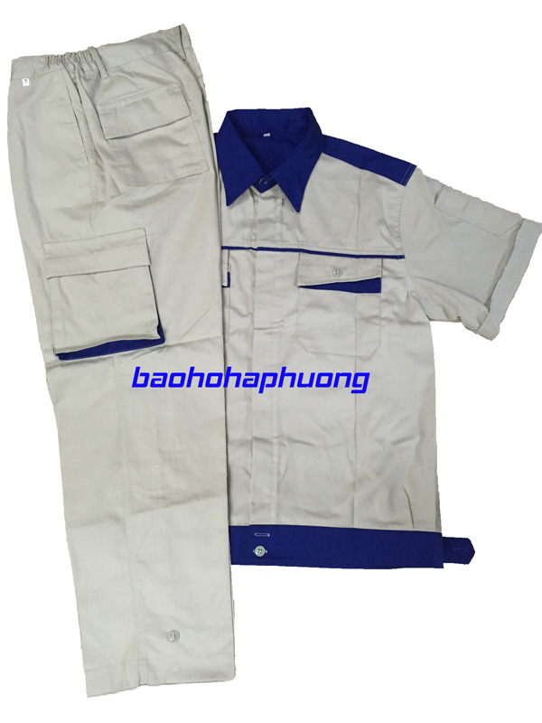quần áo bảo hộ kaki Hàn Quốc cộc tay ghi phối xanh