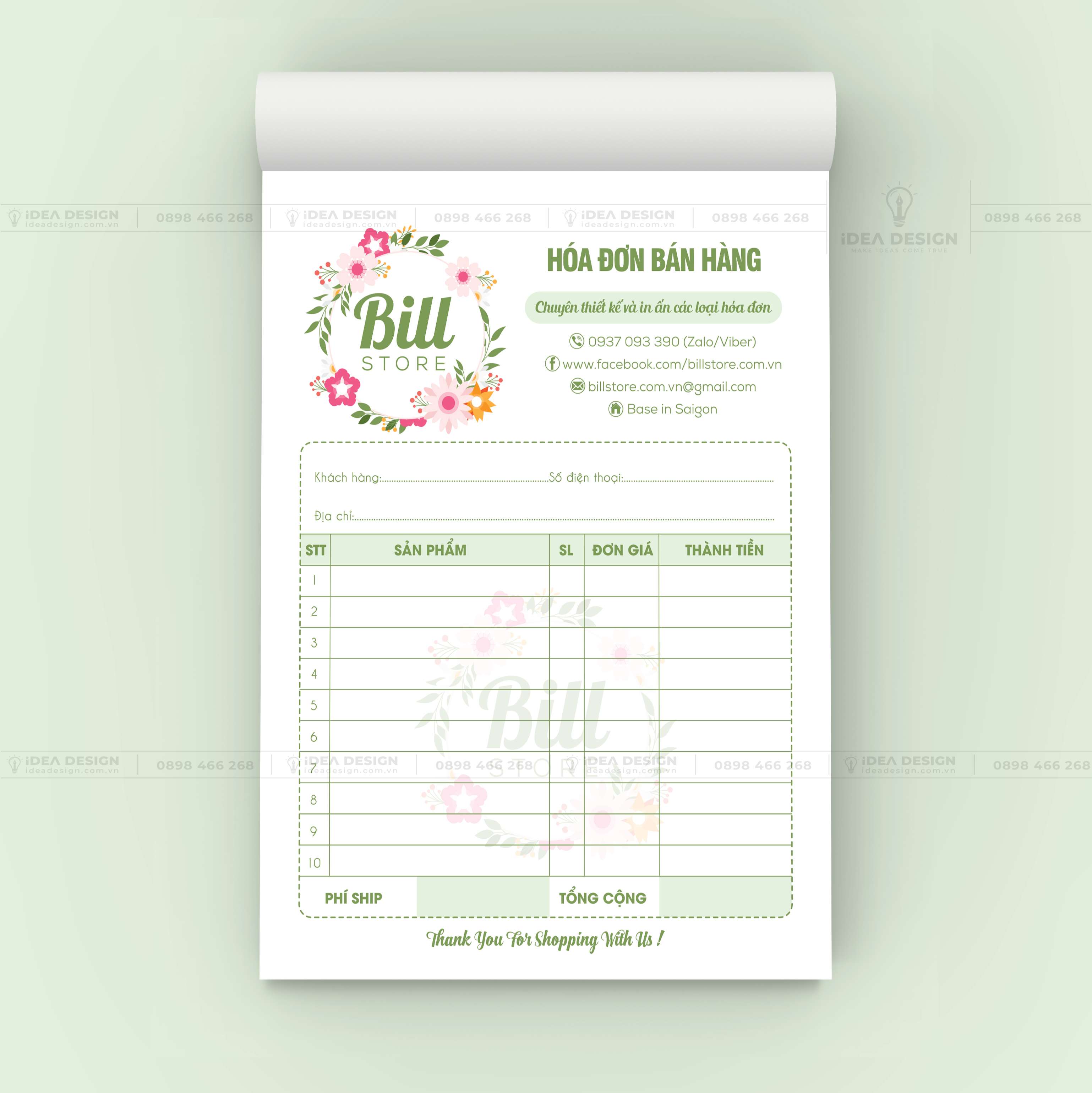 Hóa Đơn Bán Hàng Màu Xanh Hoa Lá 02