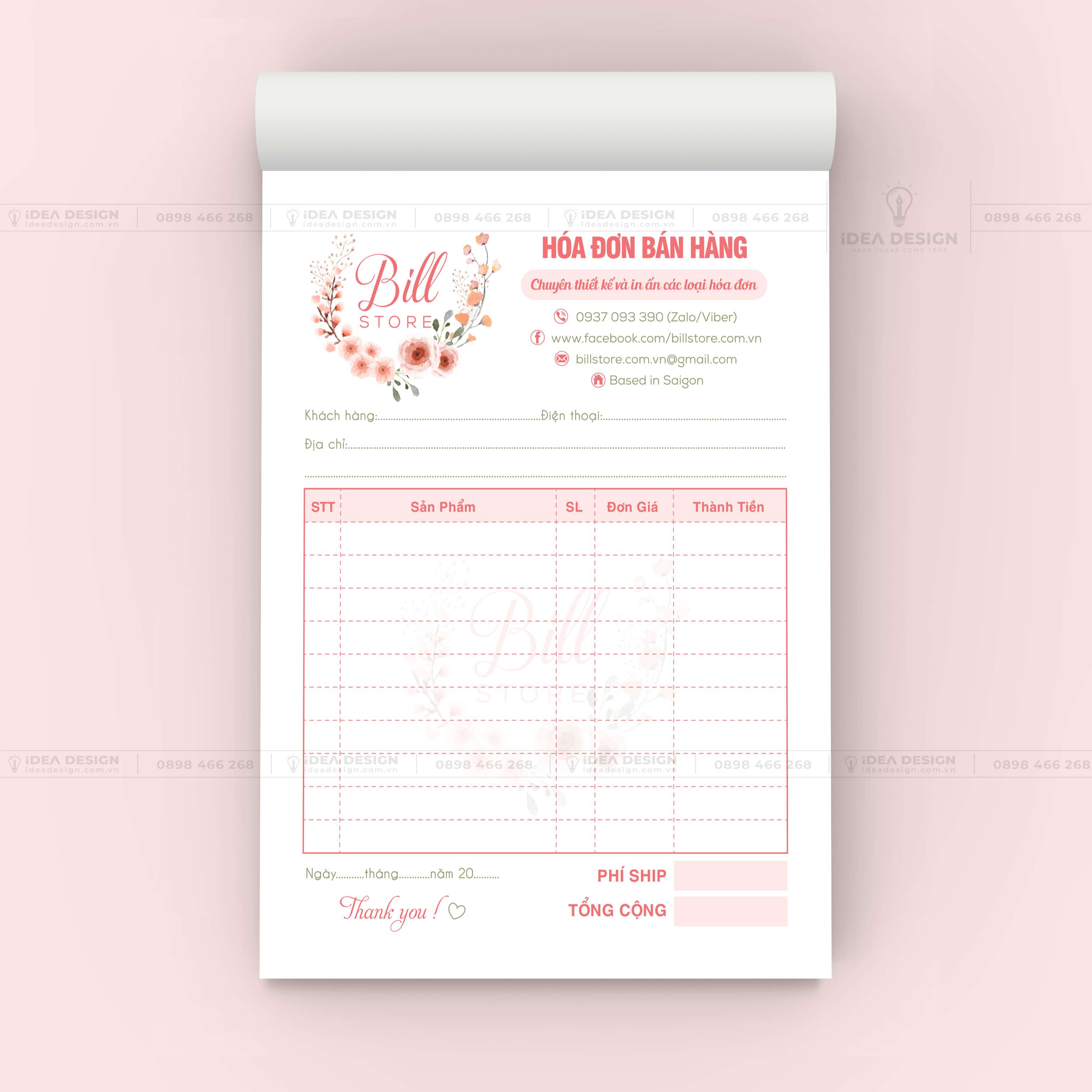 Hóa Đơn Bán Hàng Màu Hồng Hoa Lá 03