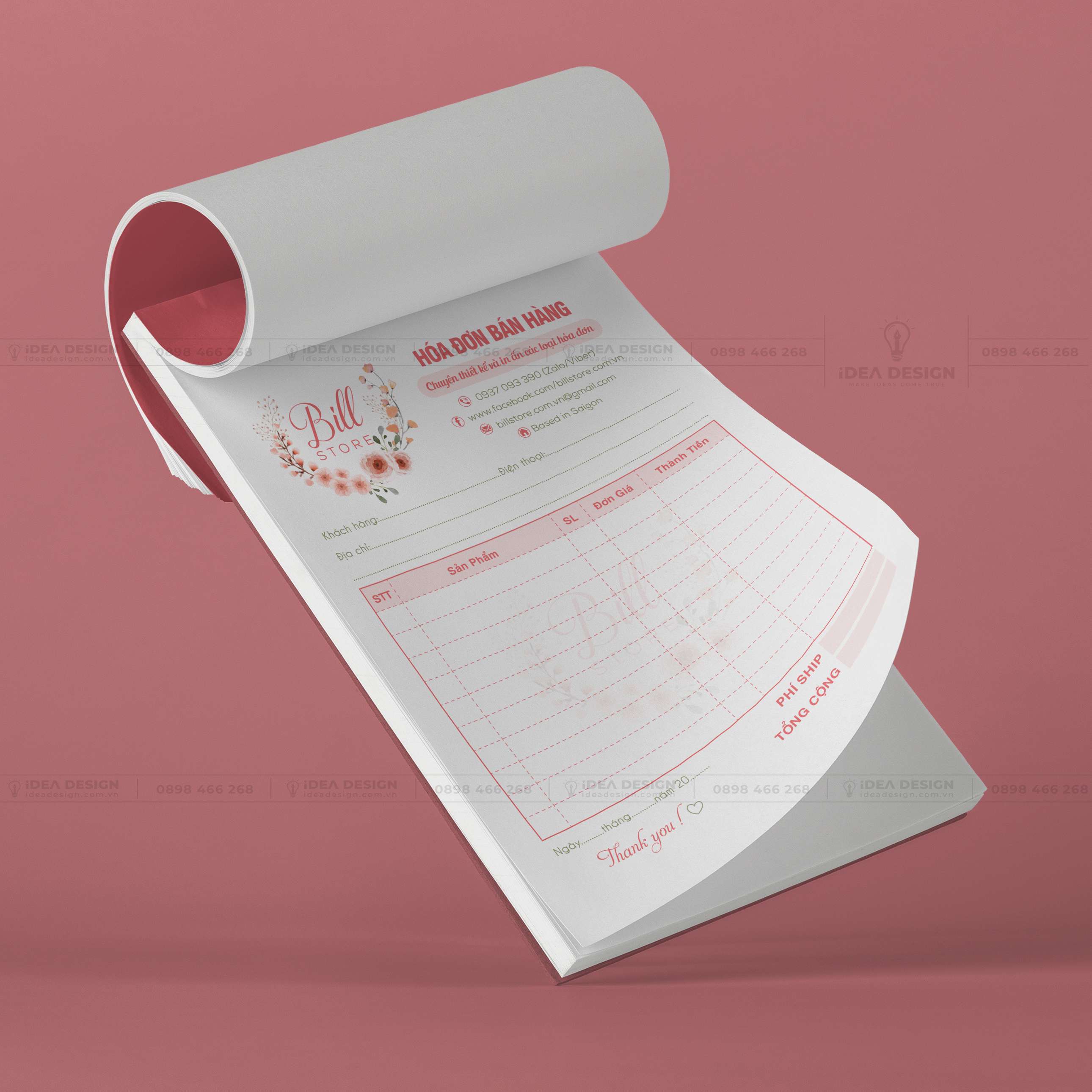 Hóa Đơn Bán Hàng Màu Hồng Hoa Lá 03