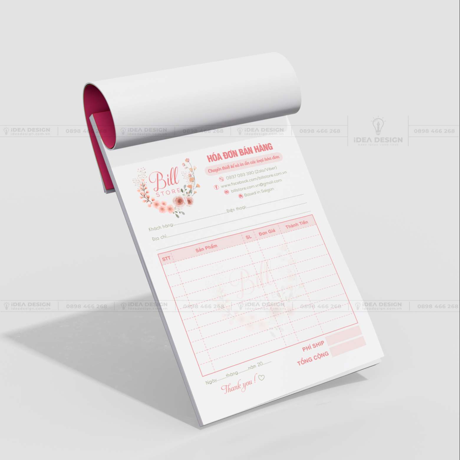 Hóa Đơn Bán Hàng Màu Hồng Hoa Lá 03