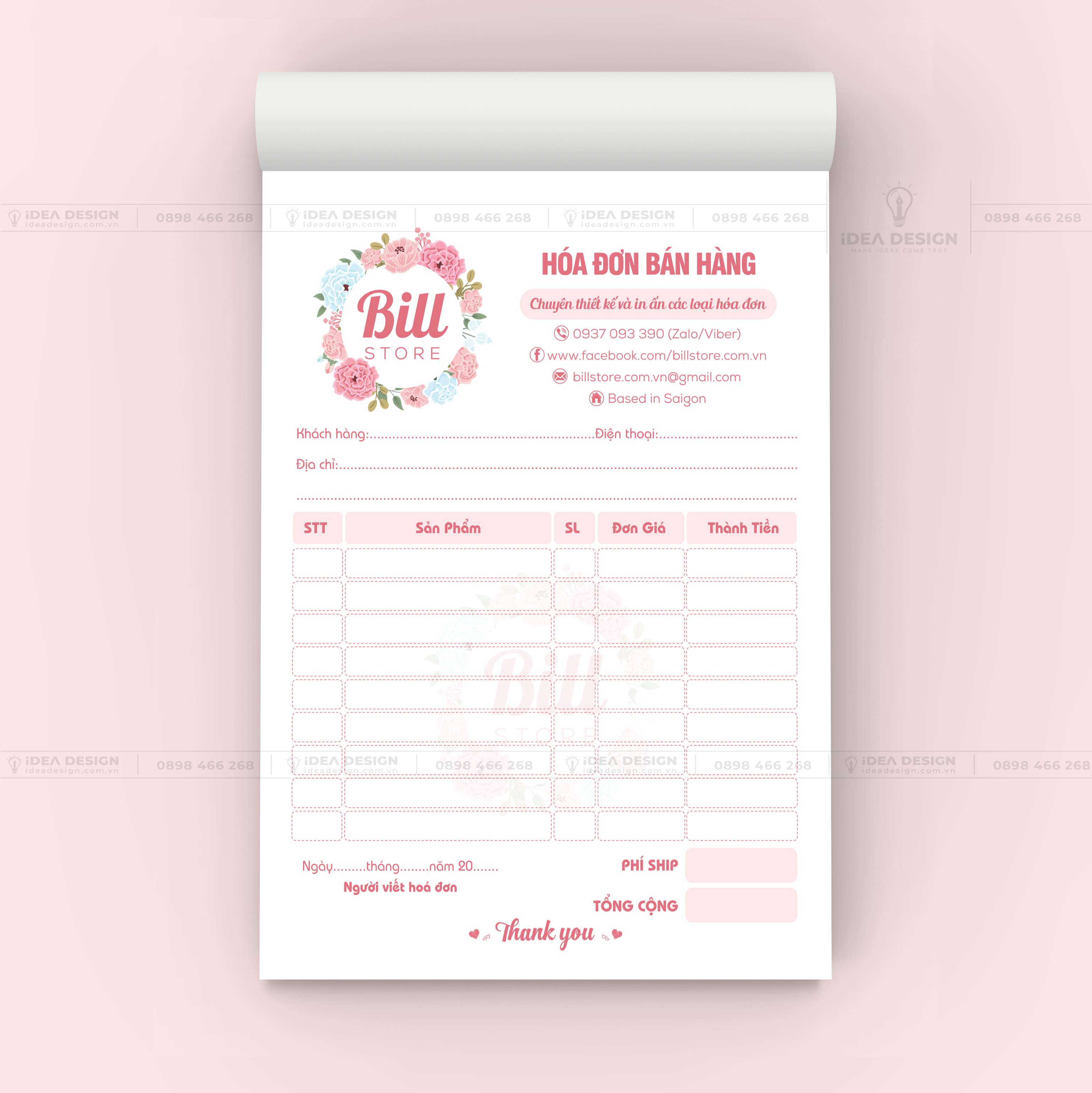 Hóa Đơn Bán Hàng Màu Hồng Hoa Lá 04