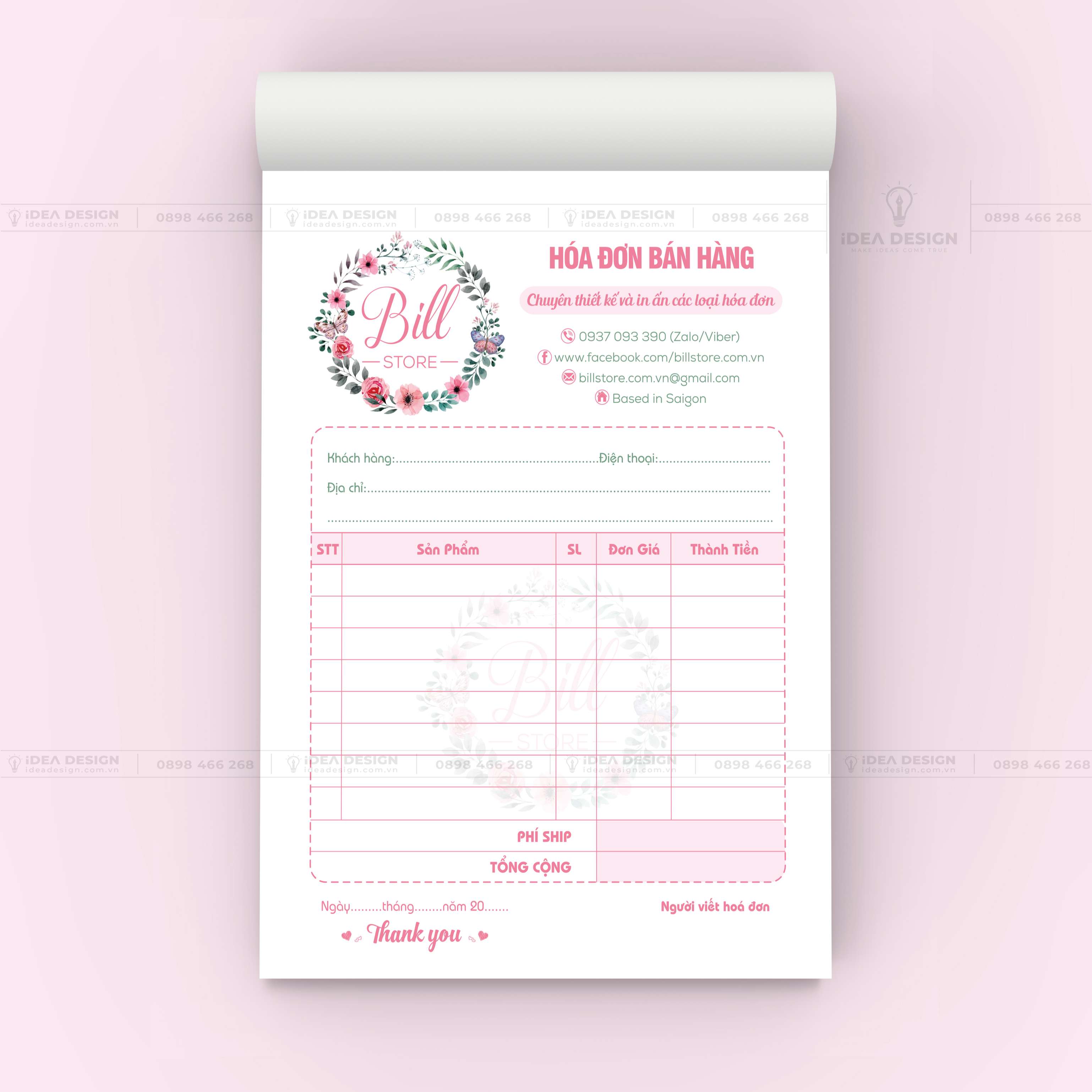 Hóa Đơn Bán Hàng Màu Hồng Hoa Lá 06