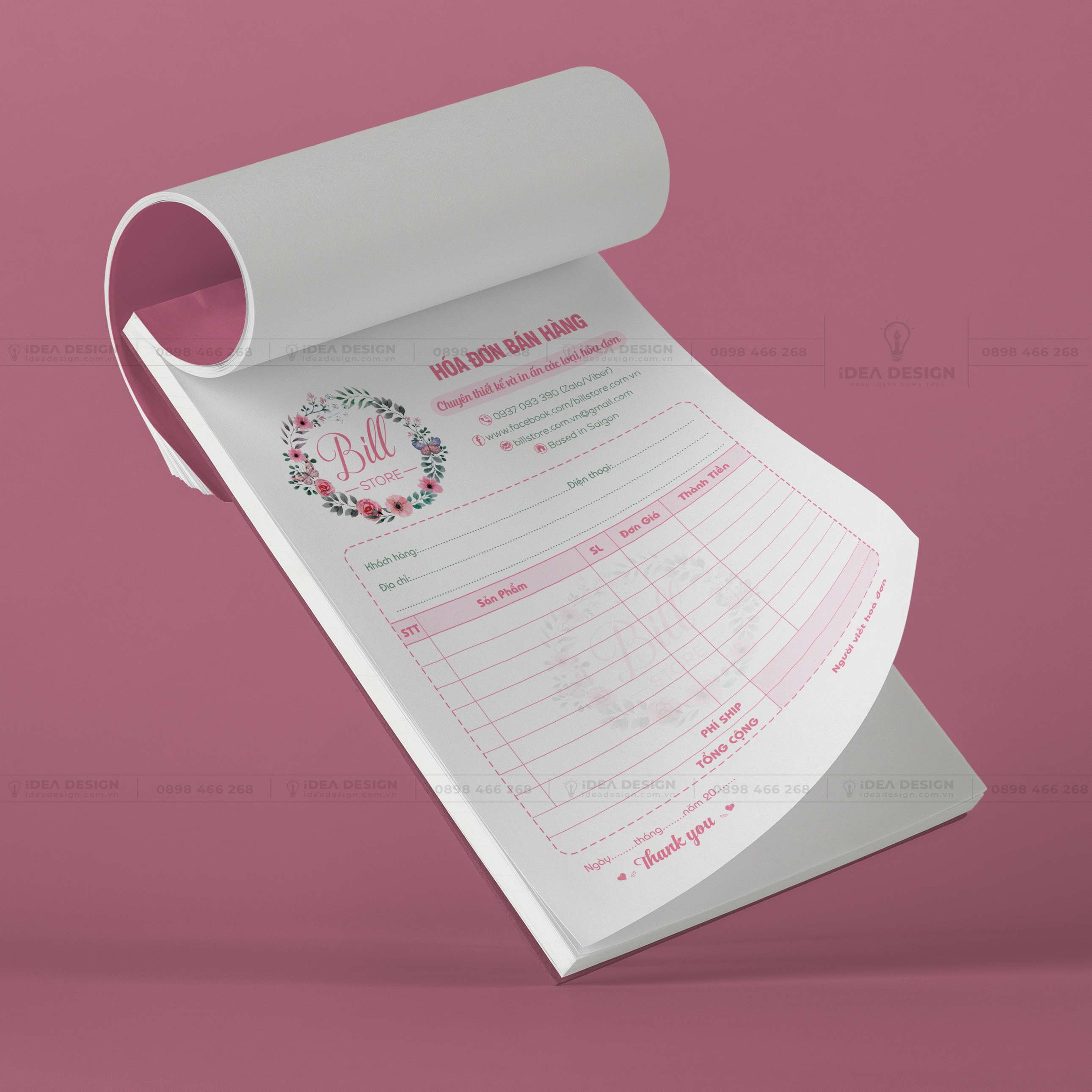 Hóa Đơn Bán Hàng Màu Hồng Hoa Lá 06