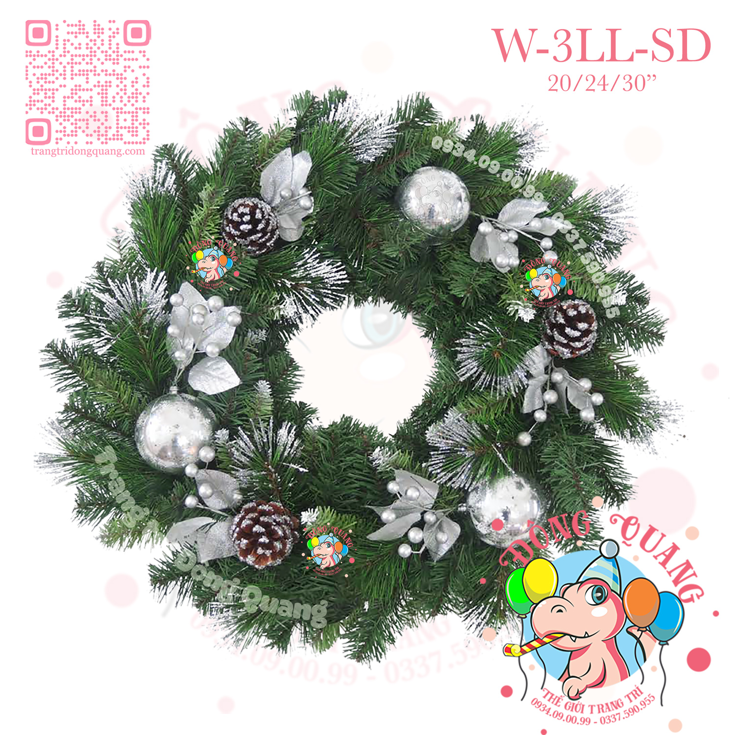 Vòng hoa 3 loại lá lăn kim tuyến bạc trang trí